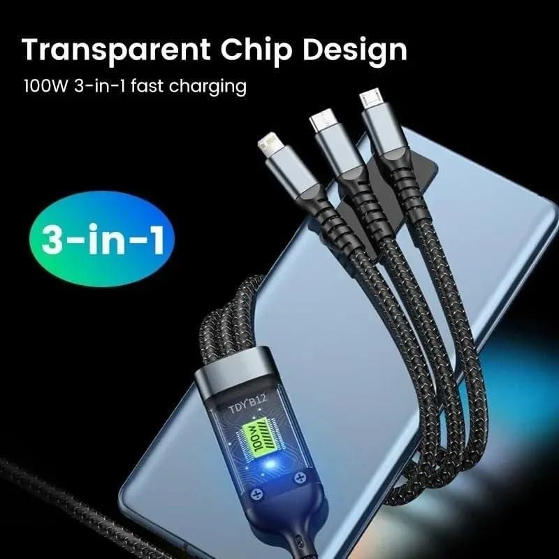 3-in-1 Fast Charging Cable with Digital Power Display | Type-C + Micro-USB + Lightning Multi Charging Wire | Compatible with iPhone, Samsung, Xiaomi, Huawei & More