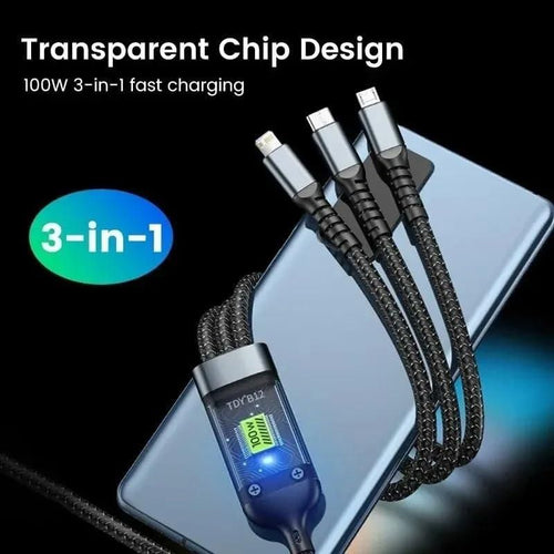 3-in-1 Fast Charging Cable with Digital Power Display | Type-C + Micro-USB + Lightning Multi Charging Wire | Compatible with iPhone, Samsung, Xiaomi, Huawei & More