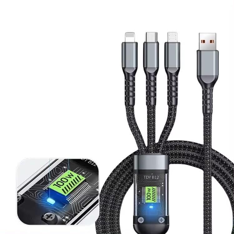 3-in-1 Fast Charging Cable with Digital Power Display | Type-C + Micro-USB + Lightning Multi Charging Wire | Compatible with iPhone, Samsung, Xiaomi, Huawei & More